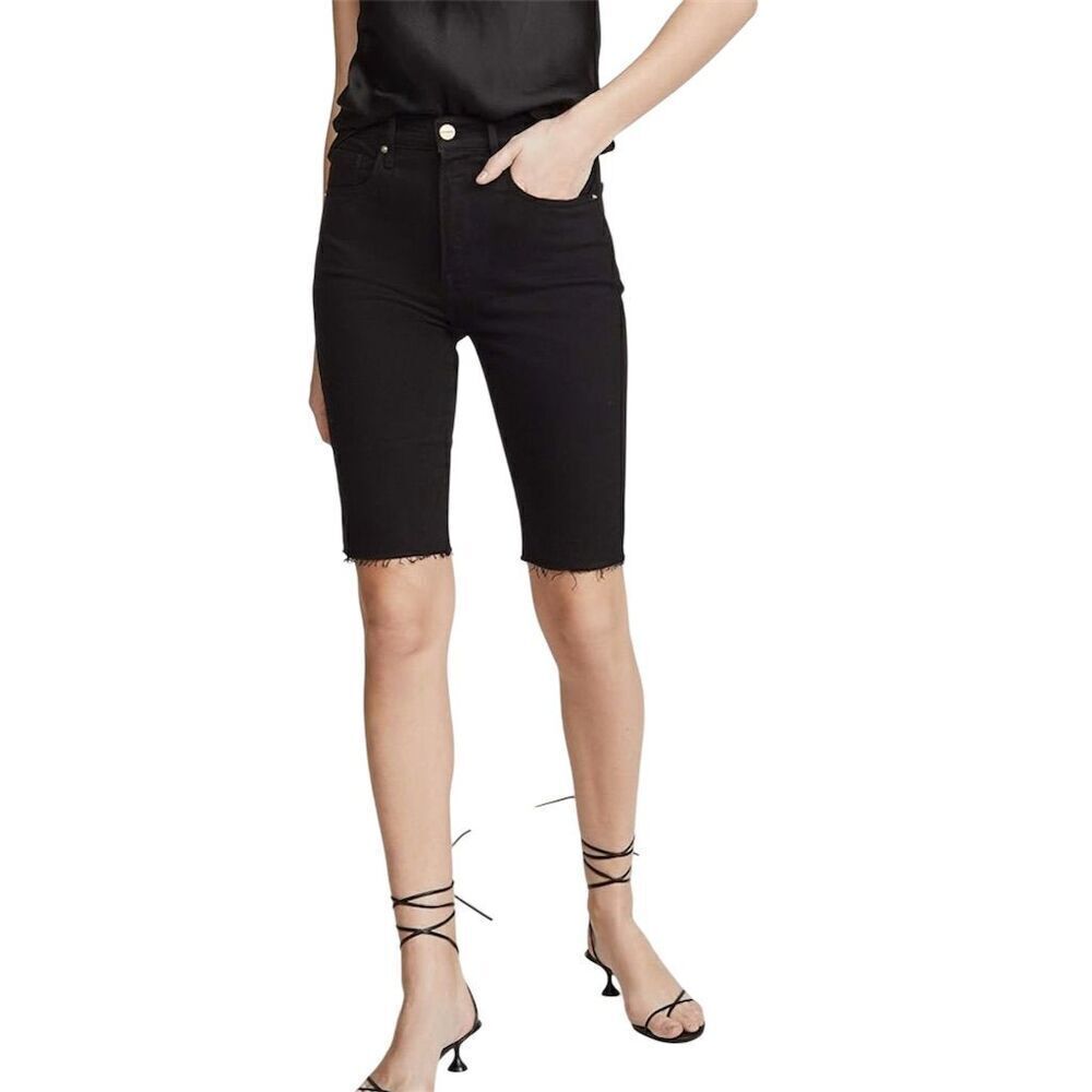 FRAME Women's Bermuda Shorts Black High Waist Raw Edge 23 Summer Beach Fringe